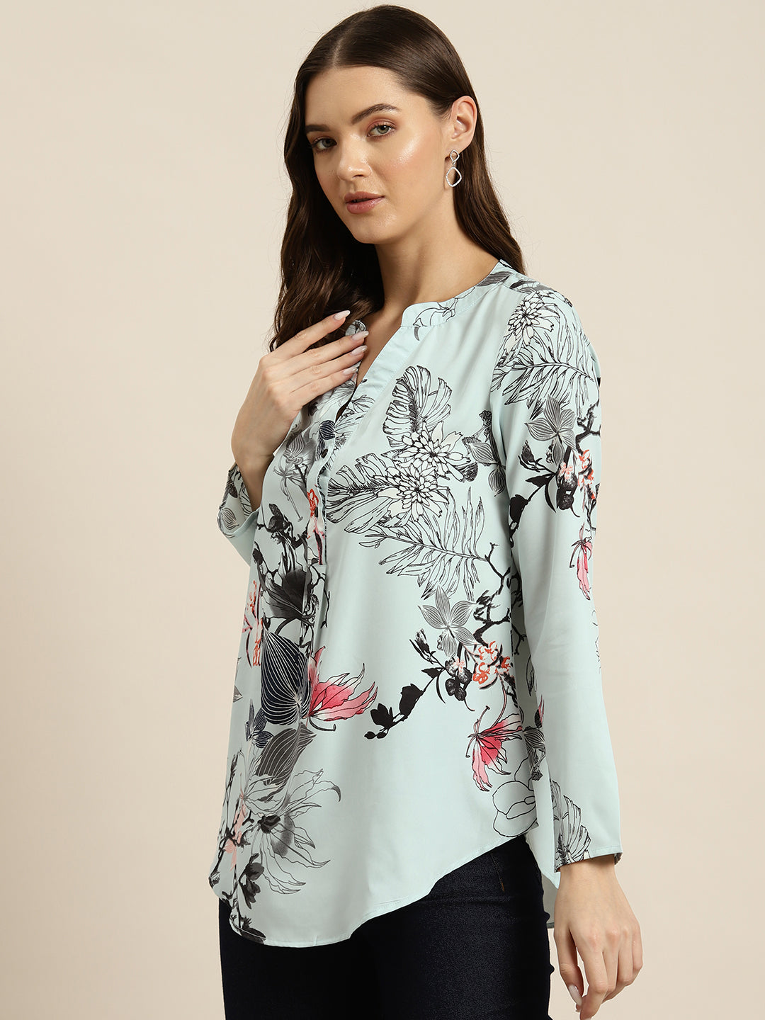 Blue Japnese floral print half placket shirt