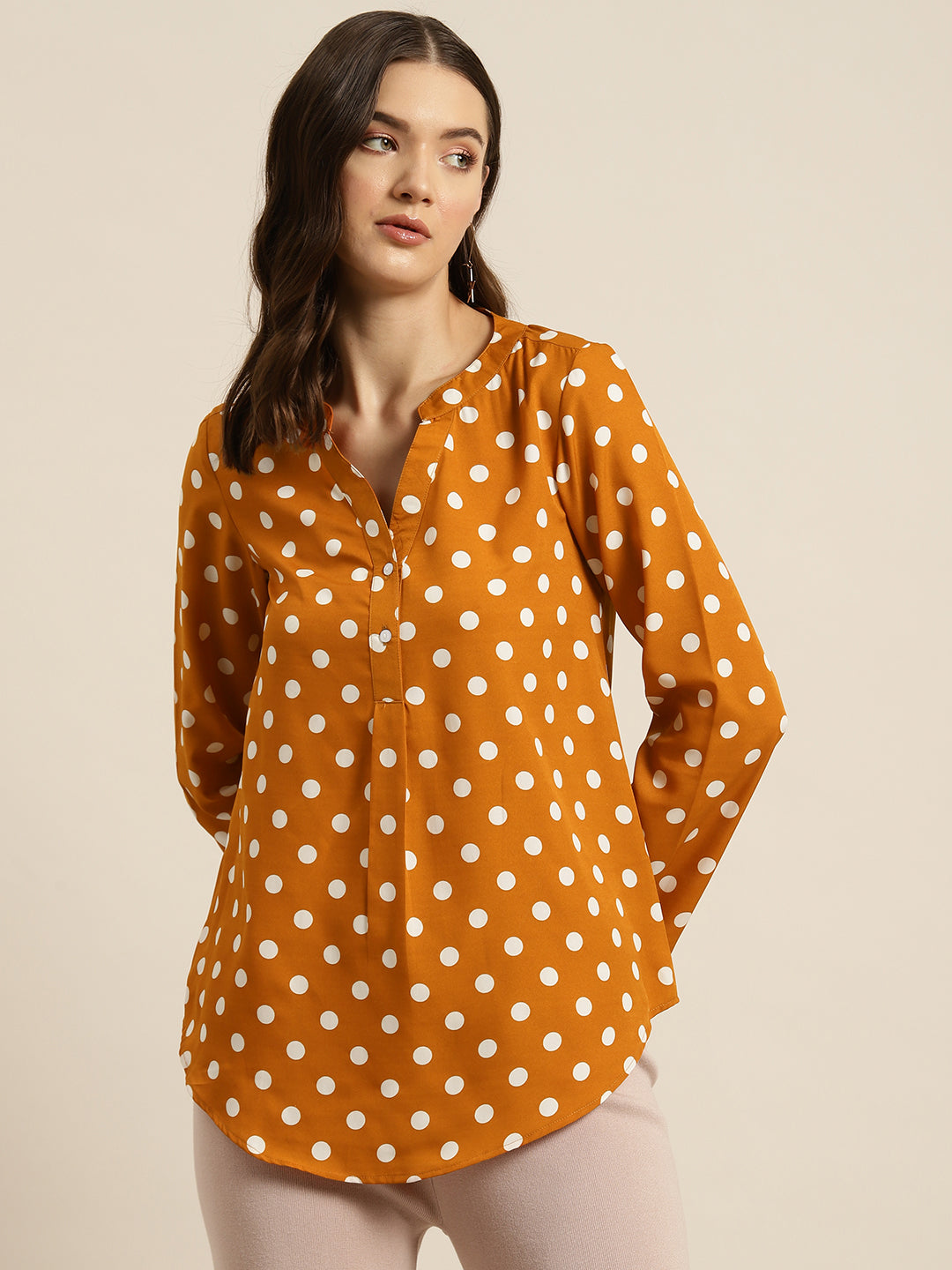 Rust and white polka dot half placket shirt