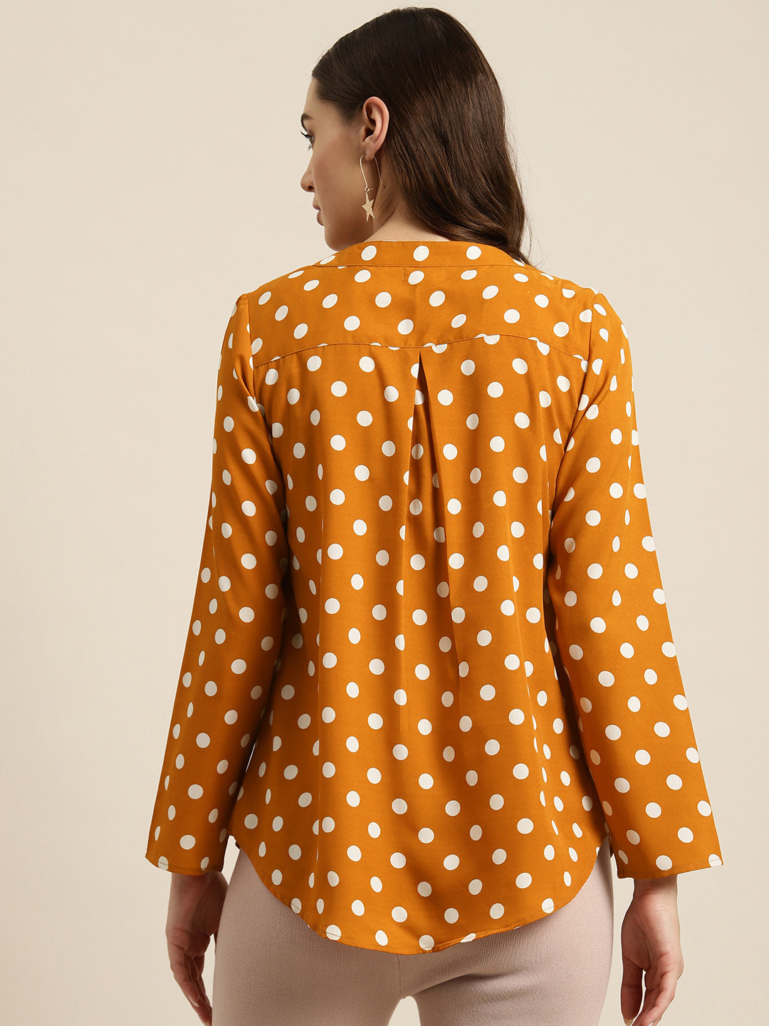 rust polka crepe shirt — close-up detail