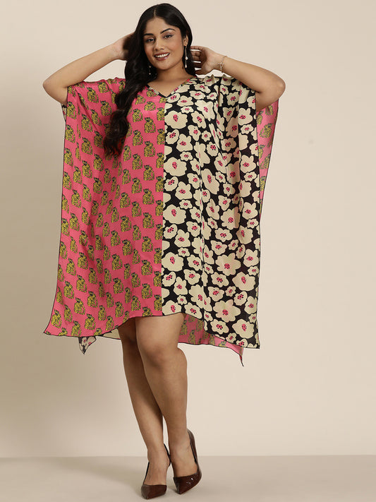 Satin Eclectic print V-Neck stylish kaftan dress