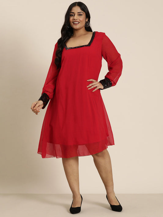Red Georgette Ombre sequins party dress