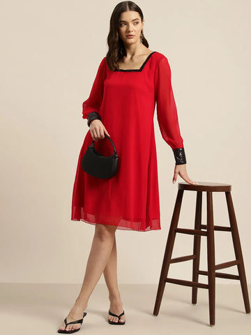 Red Georgette Ombre sequins party dress