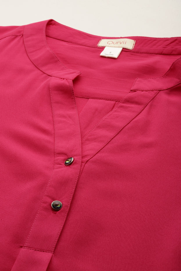 Hot pink crepe half placket shirt.