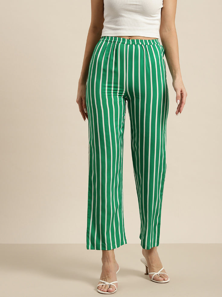 Green & white stripe crepe pants.