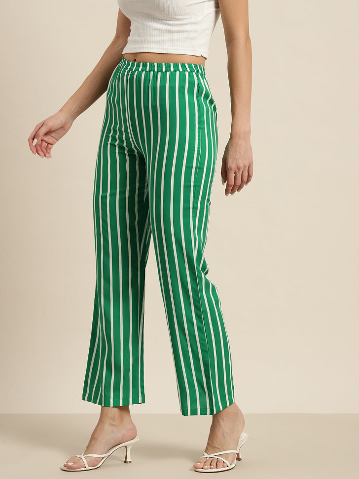 Green & white stripe crepe pants.