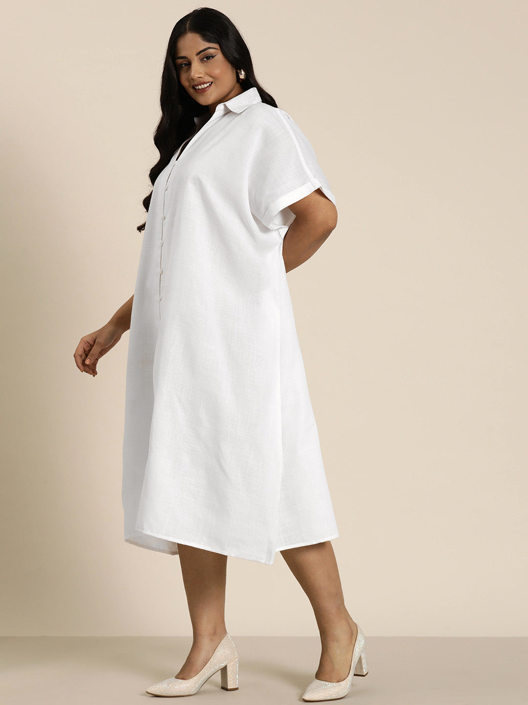 Solid white cotton slub resort Oversize dress