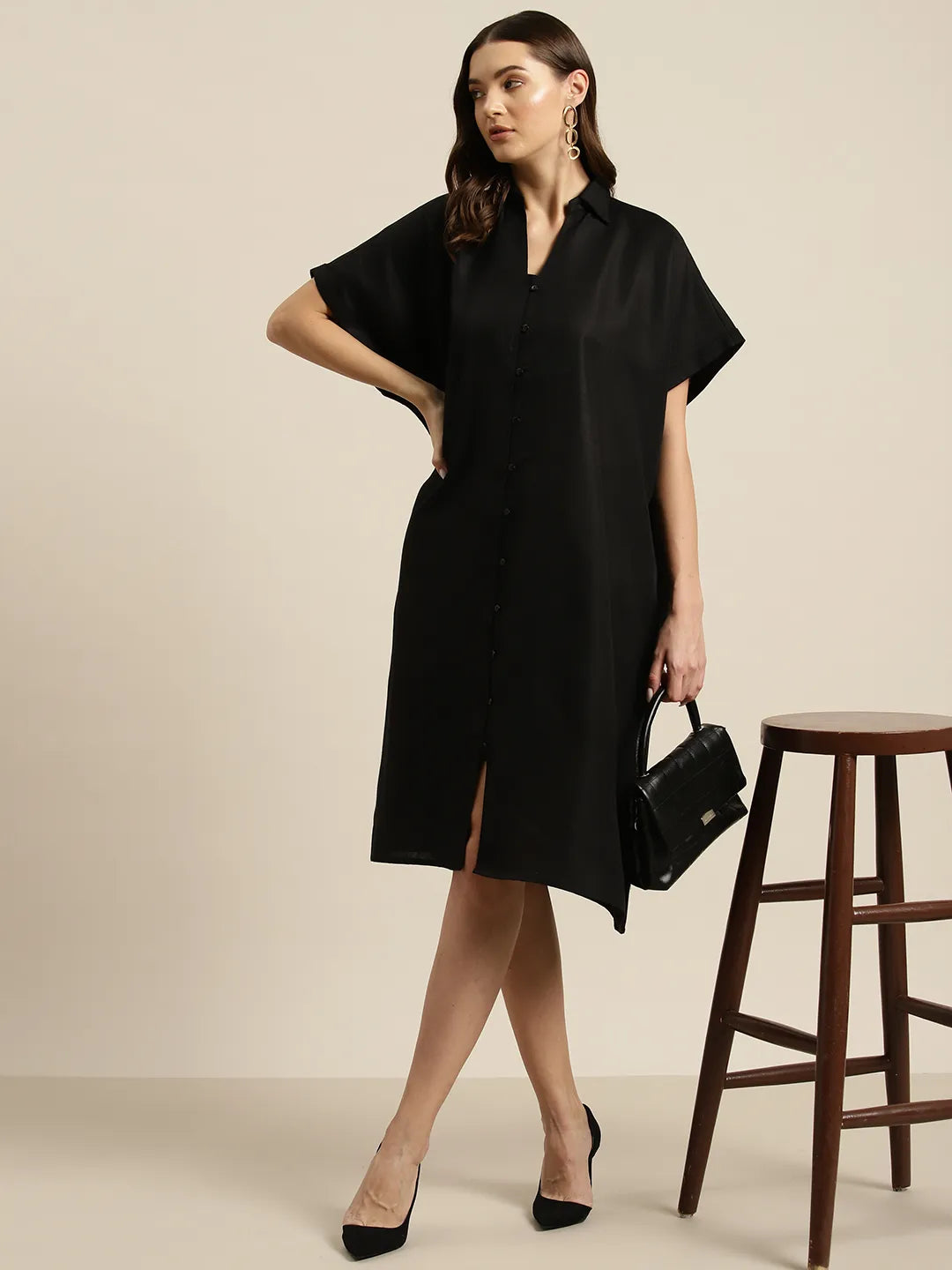 Solid Black cotton slub Resort Oversize dress