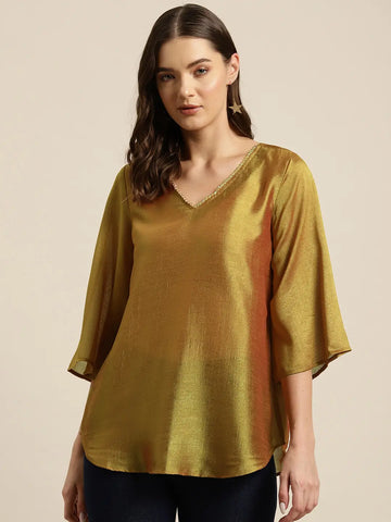 Bronze Silk Embellished V-neck top
