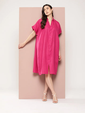 Oversized Cotton slub front open loop button dress