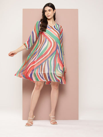 Peach candy stripe georgette A-Line V-Neck calf length dress.