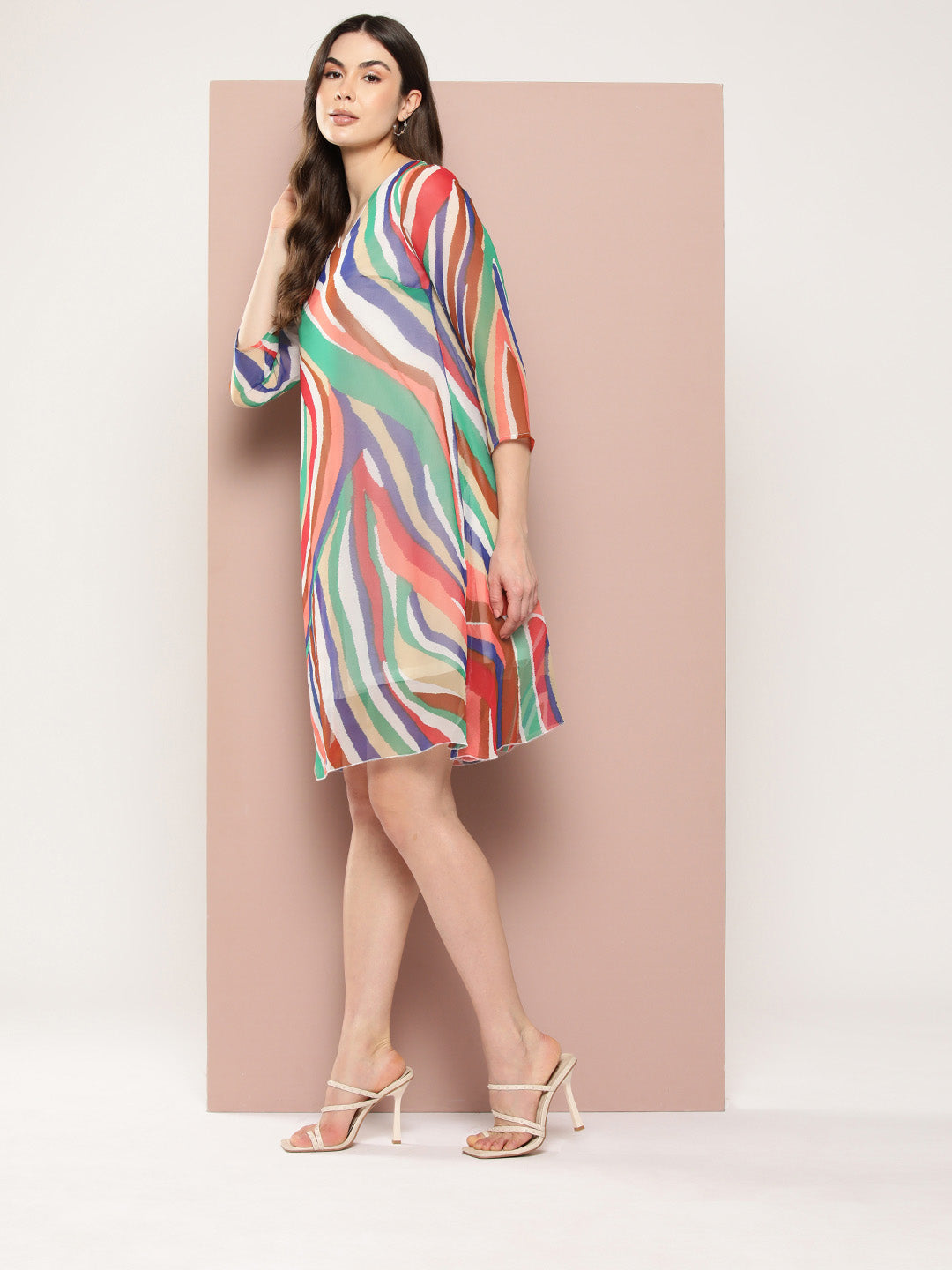 Peach candy stripe georgette A-Line V-Neck calf length dress.
