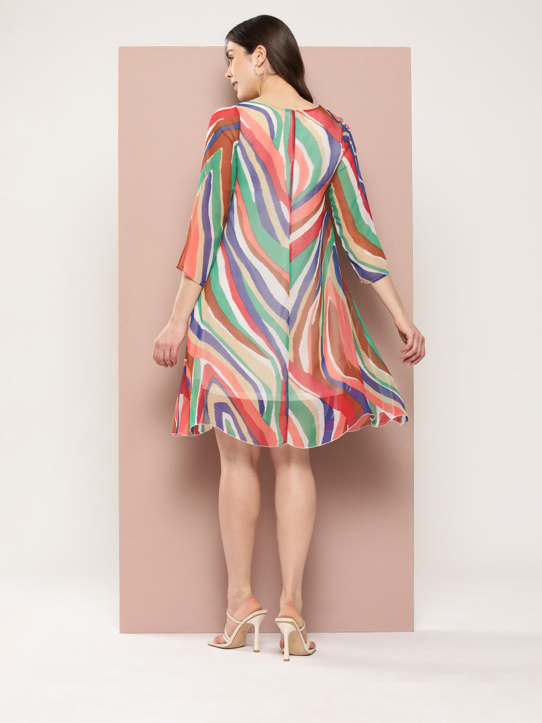 Peach candy stripe georgette A-Line V-Neck calf length dress.