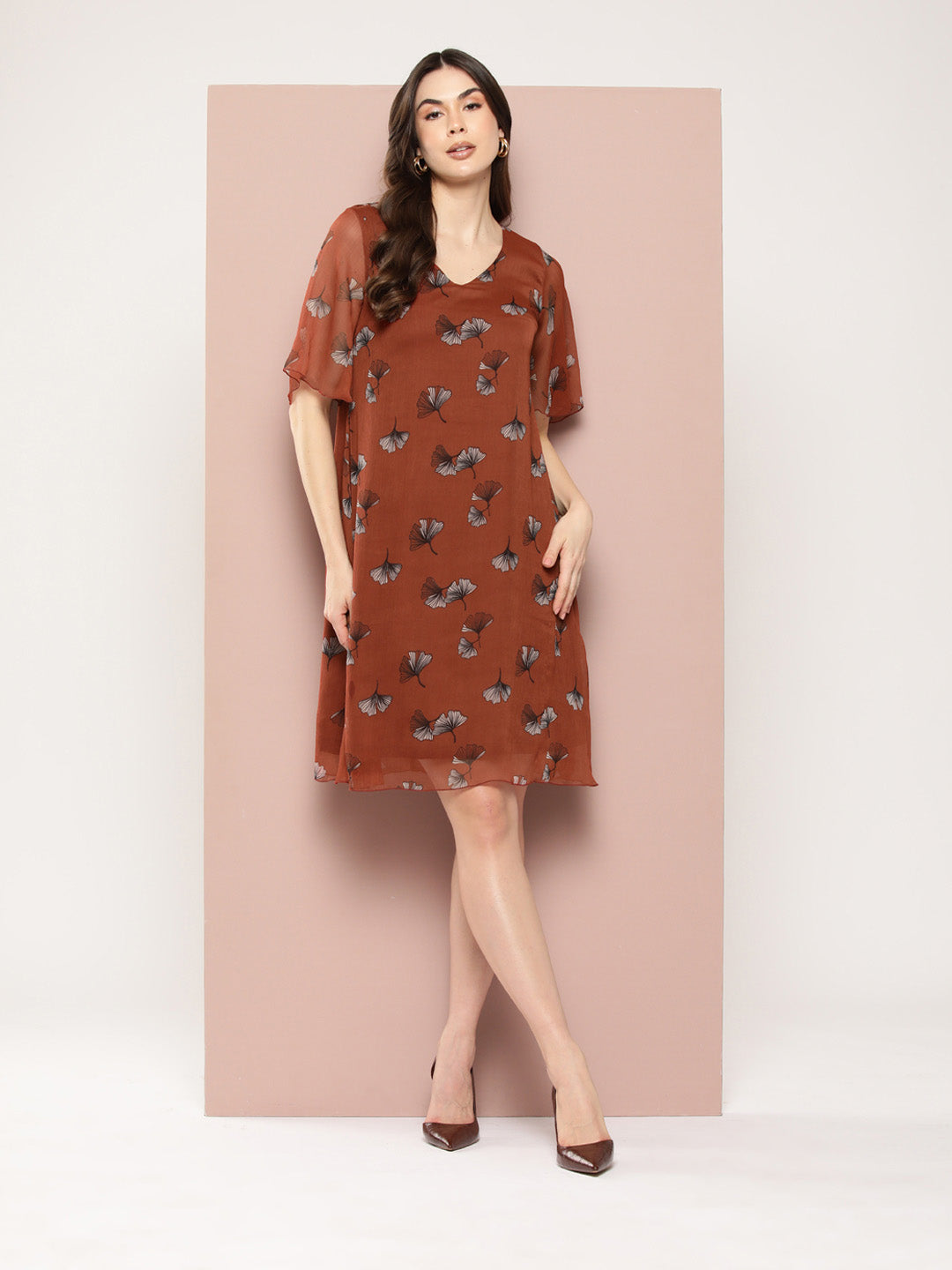 Rust floral print georgette V-neck A-line calf-length dress