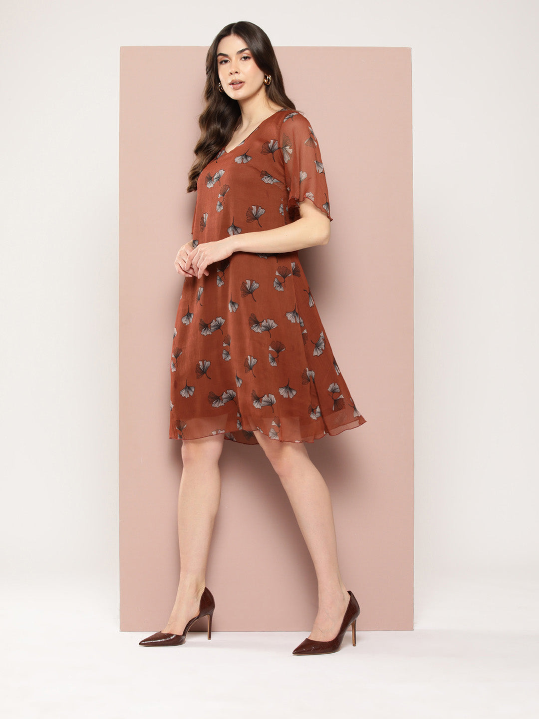 Rust floral print georgette V-neck A-line calf-length dress