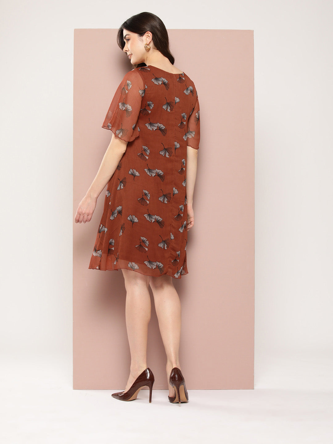 Rust floral print georgette V-neck A-line calf-length dress