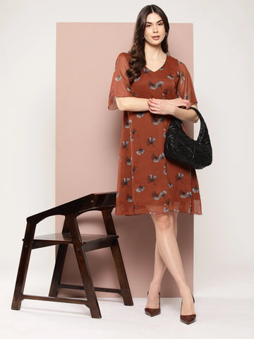 Rust floral print georgette V-neck A-line calf-length dress