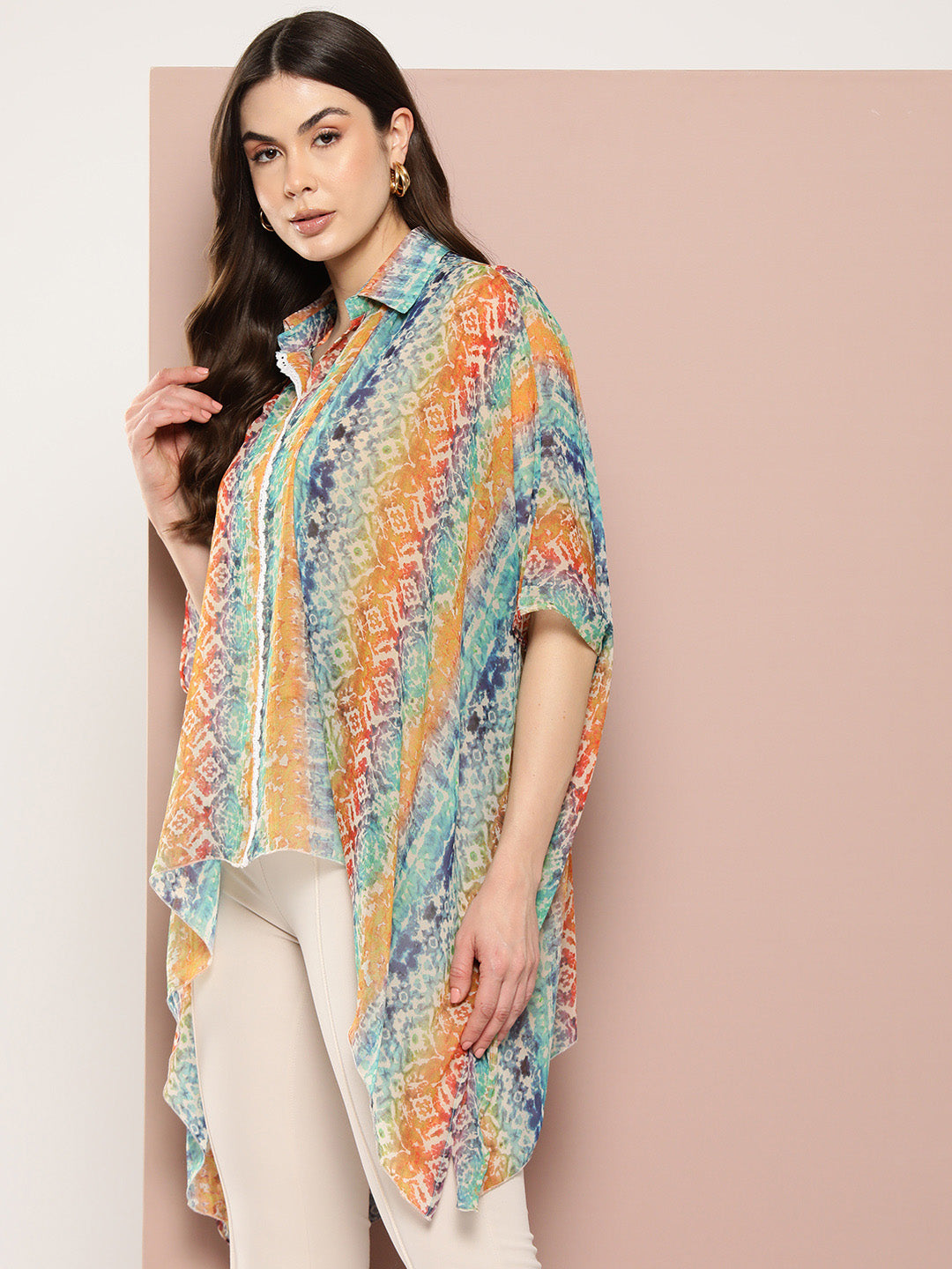 Multi georgette kaftan top with lace