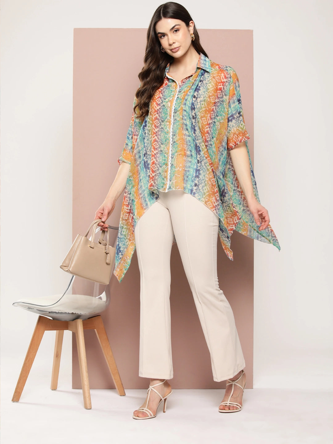 Multi georgette kaftan top with lace