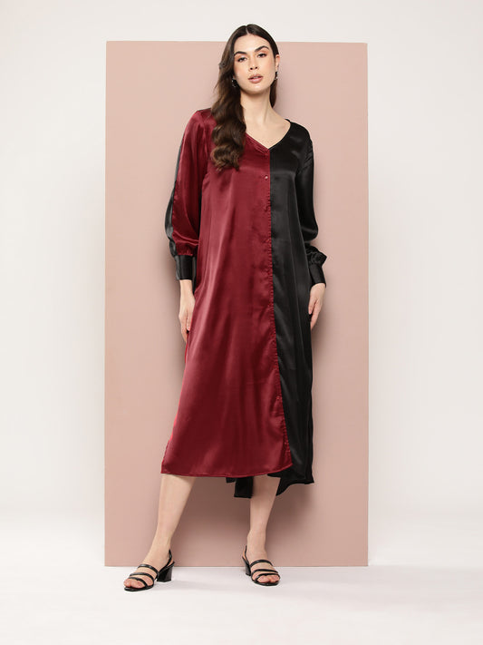 Maroon and Black V-neck ankle-length color-block party dress