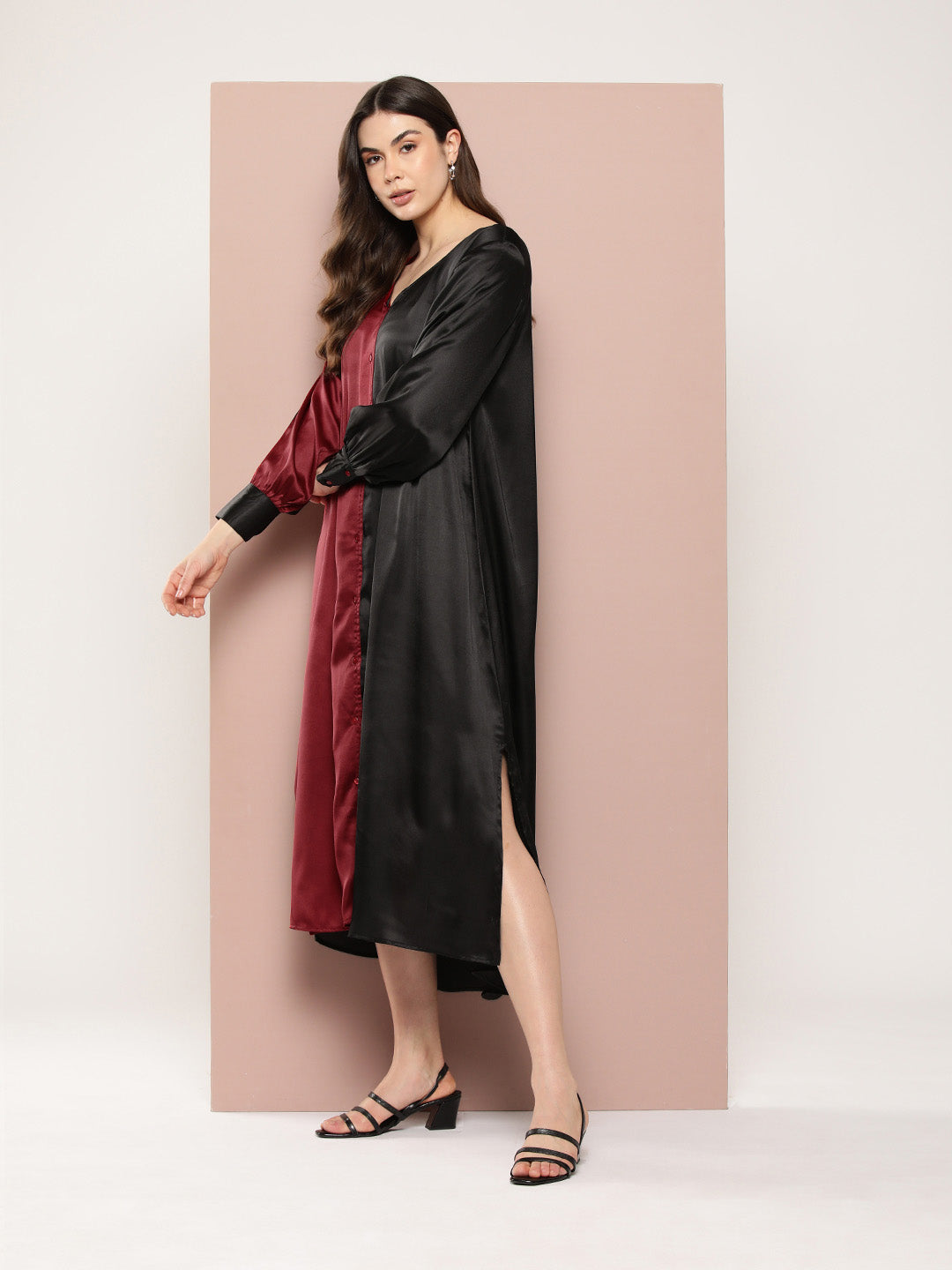 Maroon and Black V-neck ankle-length color-block party dress