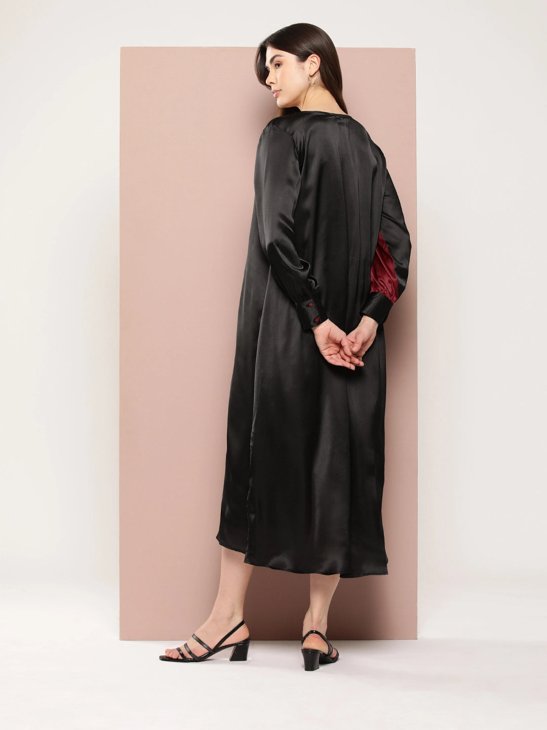 Maroon and Black V-neck ankle-length color-block party dress