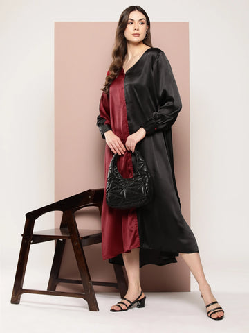Maroon and Black V-neck ankle-length color-block party dress