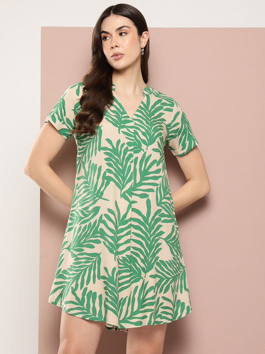 Green Leaf print Mandarin collar V neck tunic dress