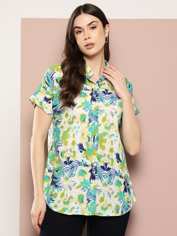 Lime Green Tropical print full placket Resort shirt