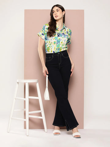Lime Green Tropical print full placket Resort shirt