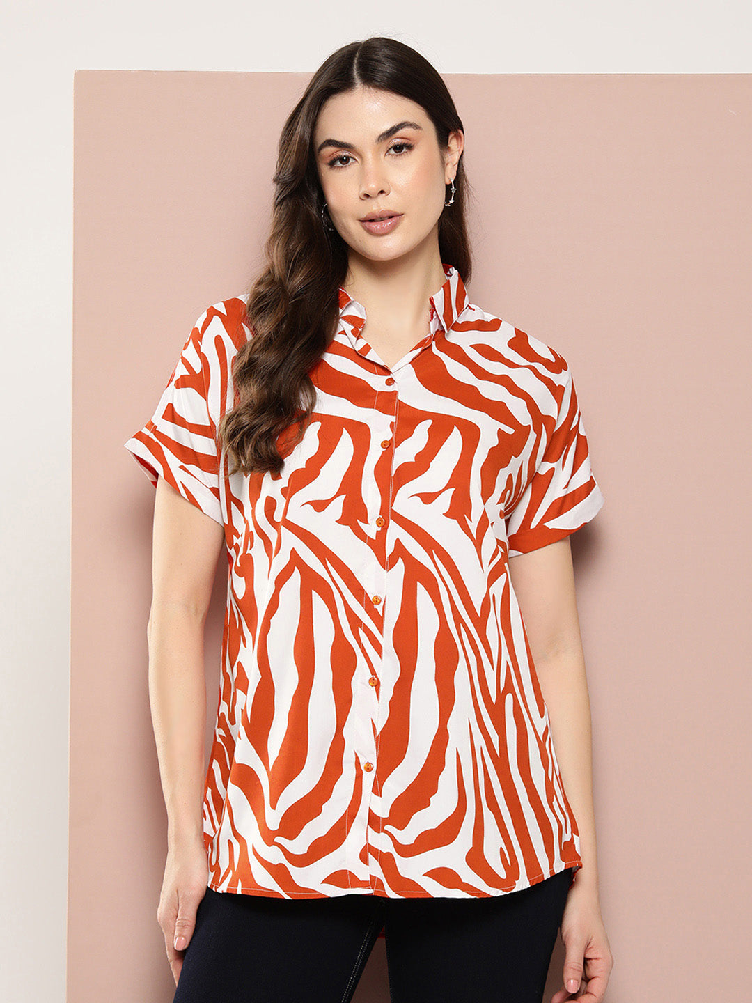 Orange Zebra print full placket Resort shirt