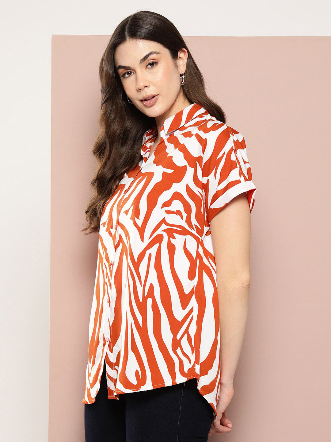 Orange Zebra print full placket Resort shirt