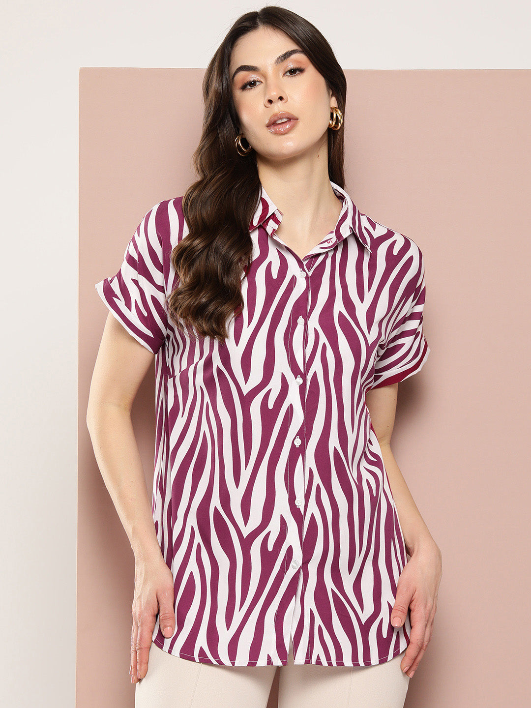 Wine Zebra print full placket Resort shirt