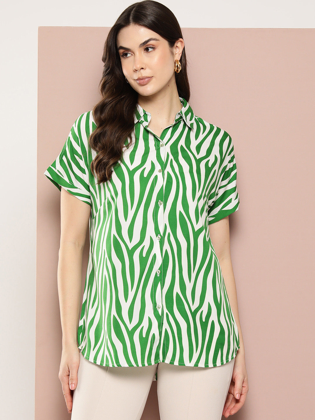 Forest Green Zebra print full placket Resort shirt