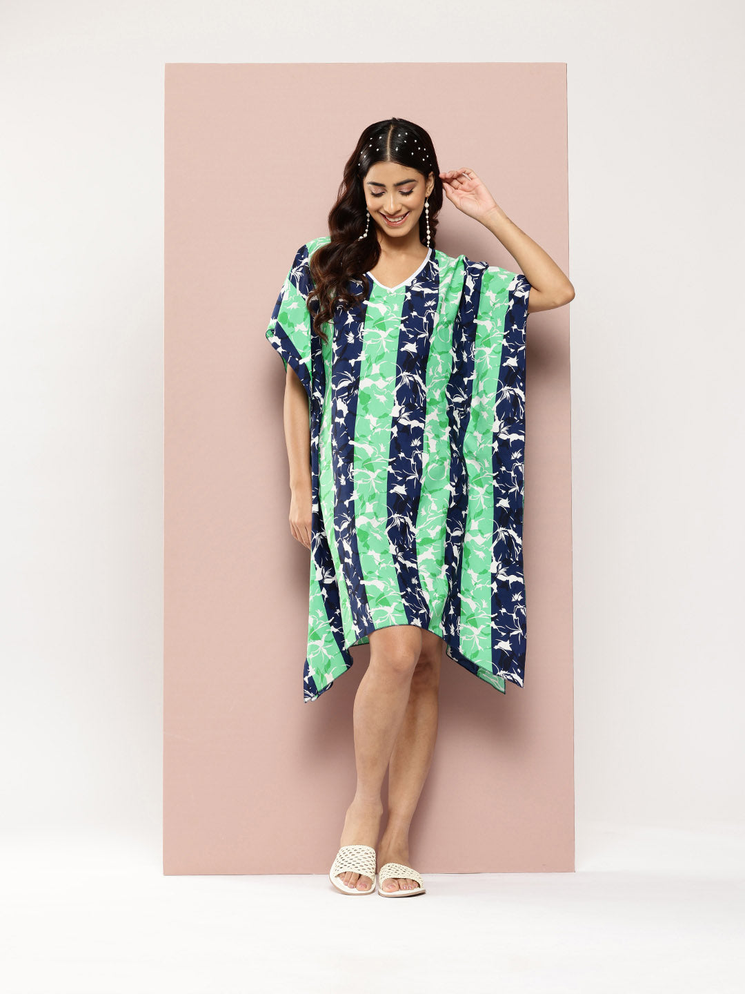 Blue and Green Striped V-Neck Kaftan