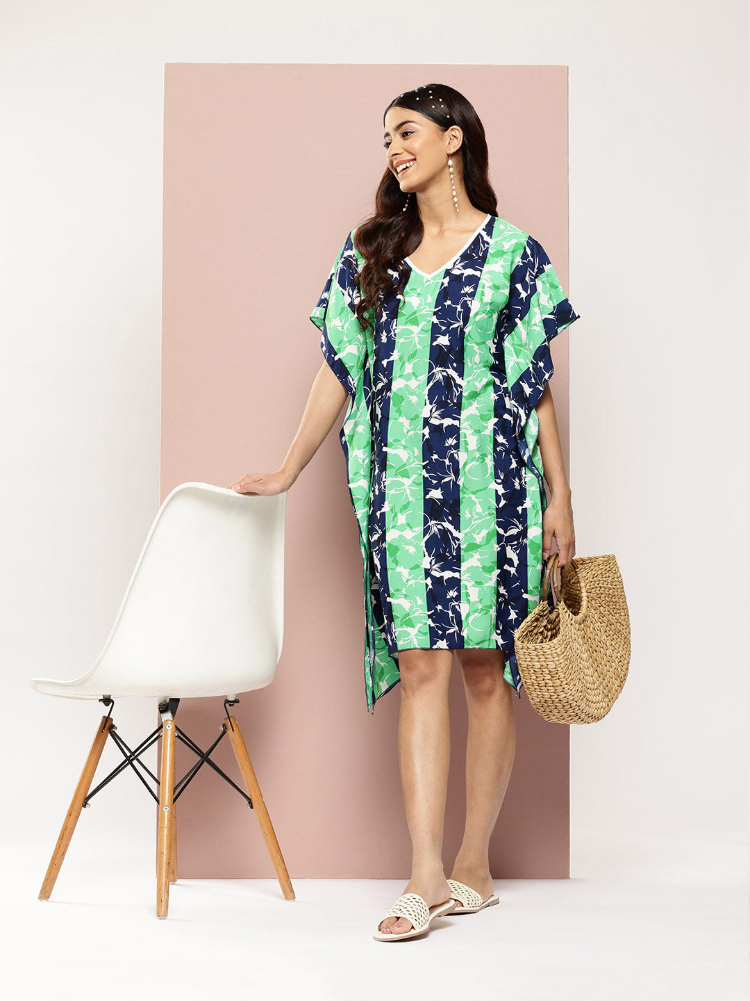 Blue and Green Striped V-Neck Kaftan