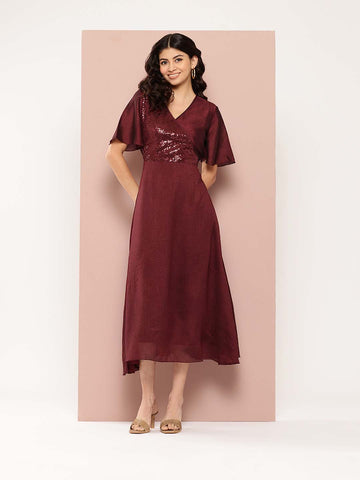 Wine Silk sequins yoke Party Dress