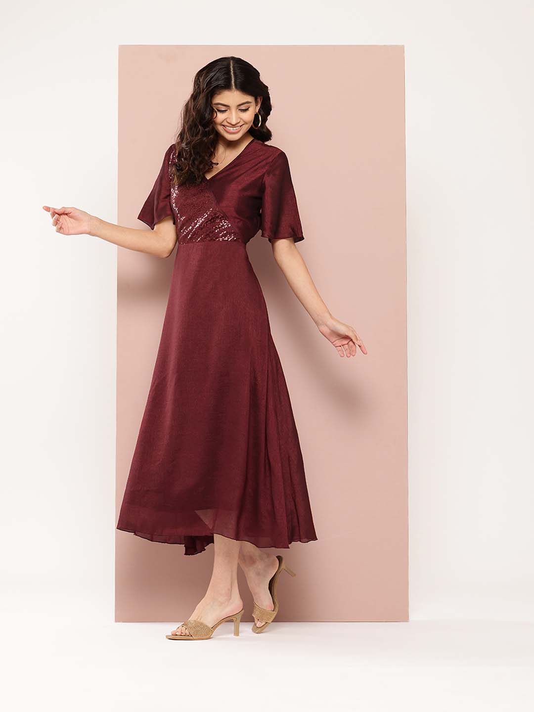 Wine Silk sequins yoke Party Dress