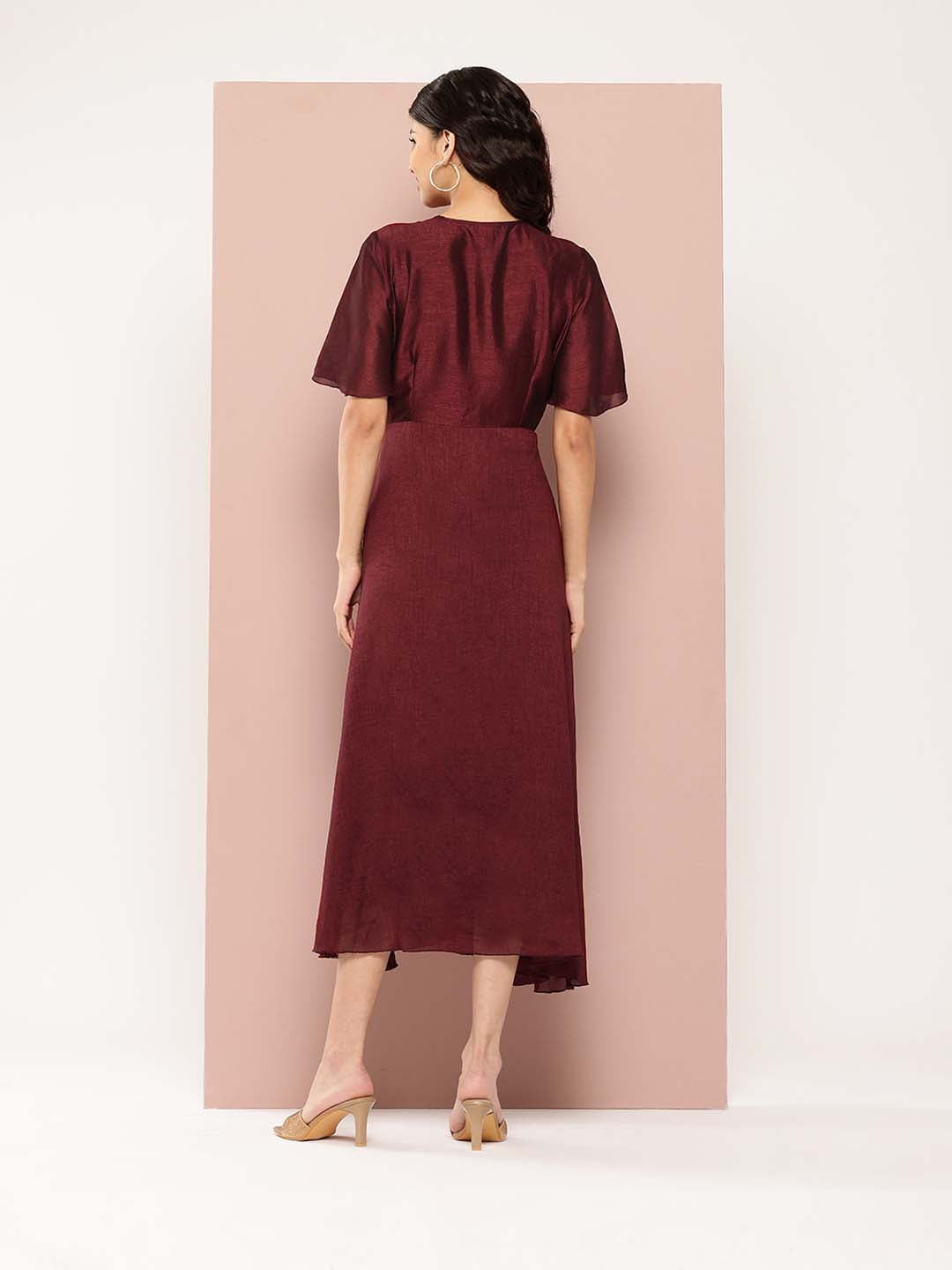 Wine Silk sequins yoke Party Dress