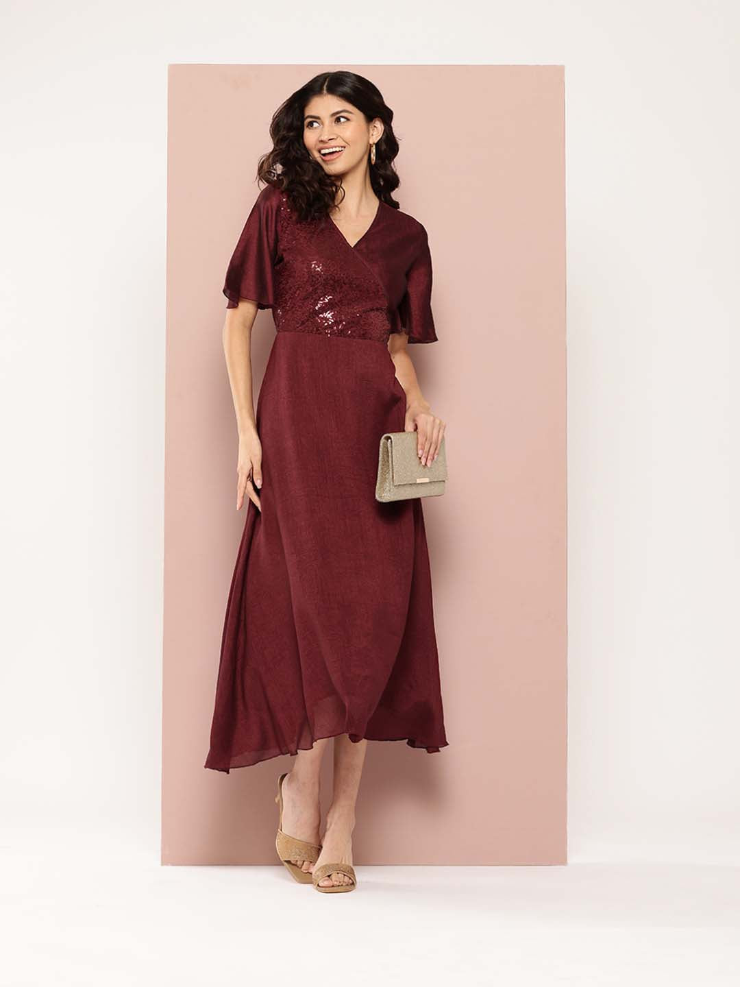 Wine Silk sequins yoke Party Dress