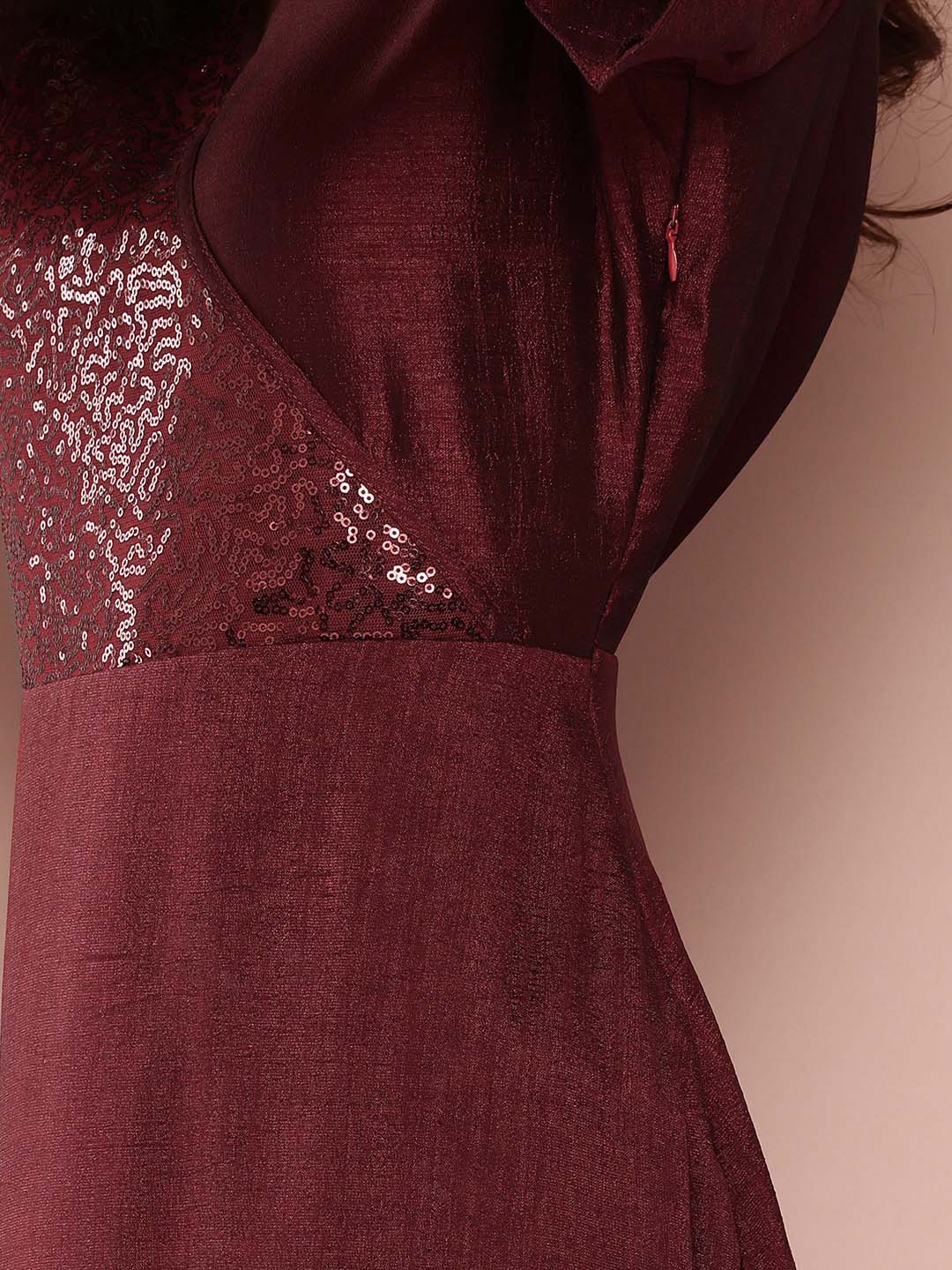 Wine Silk sequins yoke Party Dress