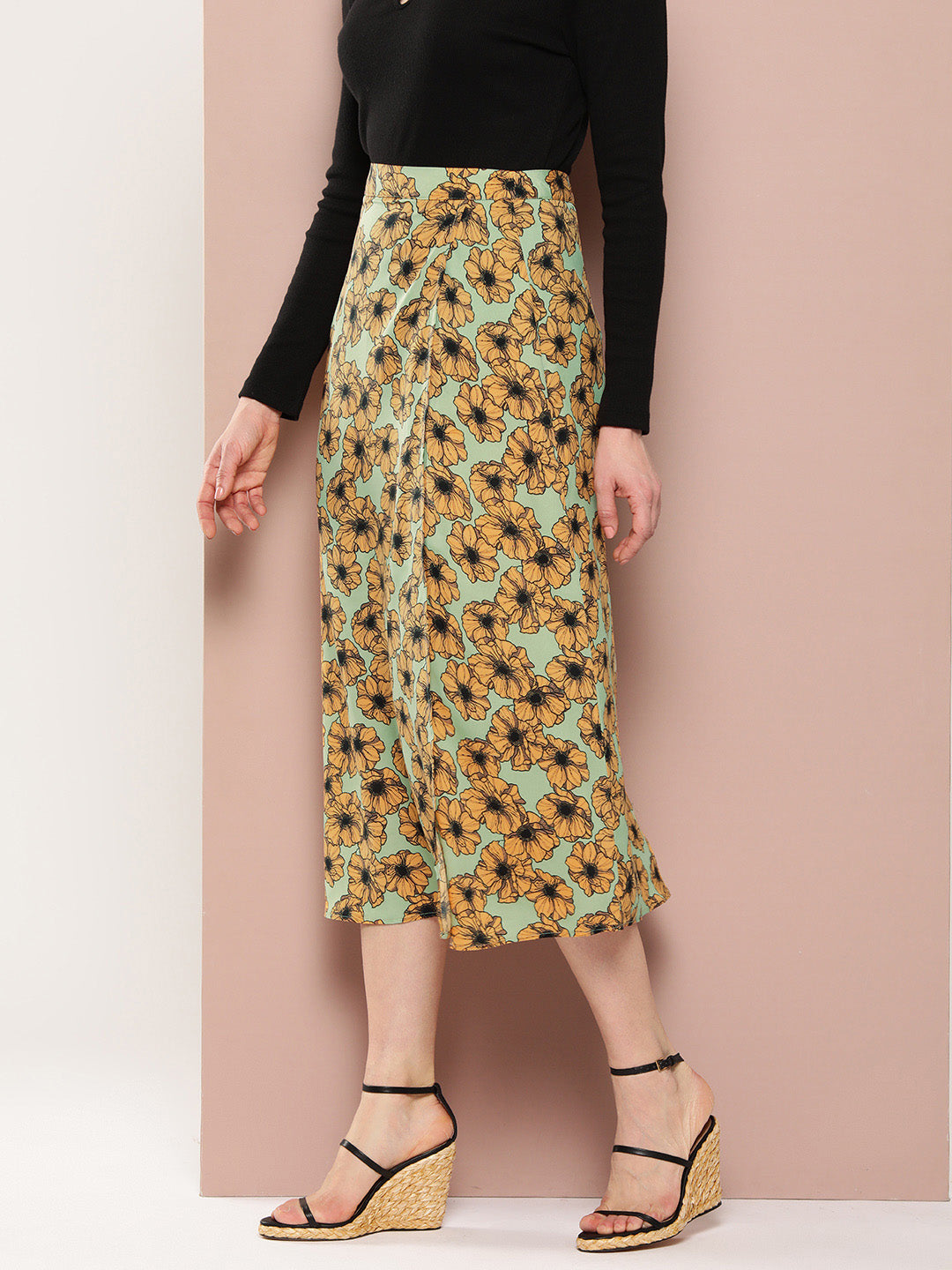 Pista Green floral A-line long skirt