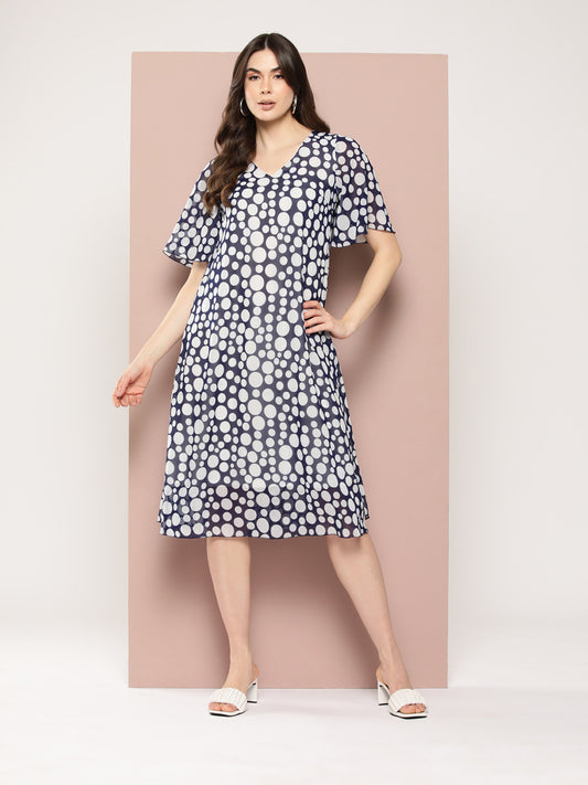 Navy polka georgette A-line dress with V-neck and bell sleeves