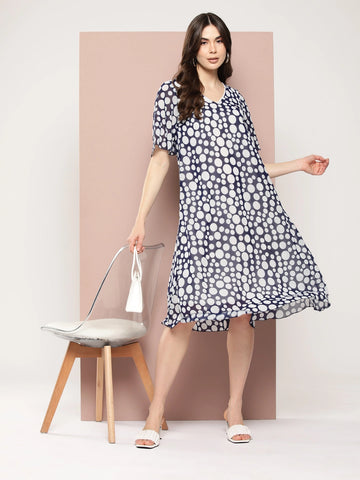 Navy polka georgette A-line dress with V-neck and bell sleeves