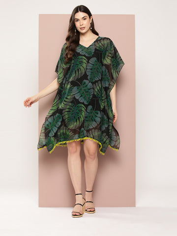 Green tropical print kaftan dress with tassels