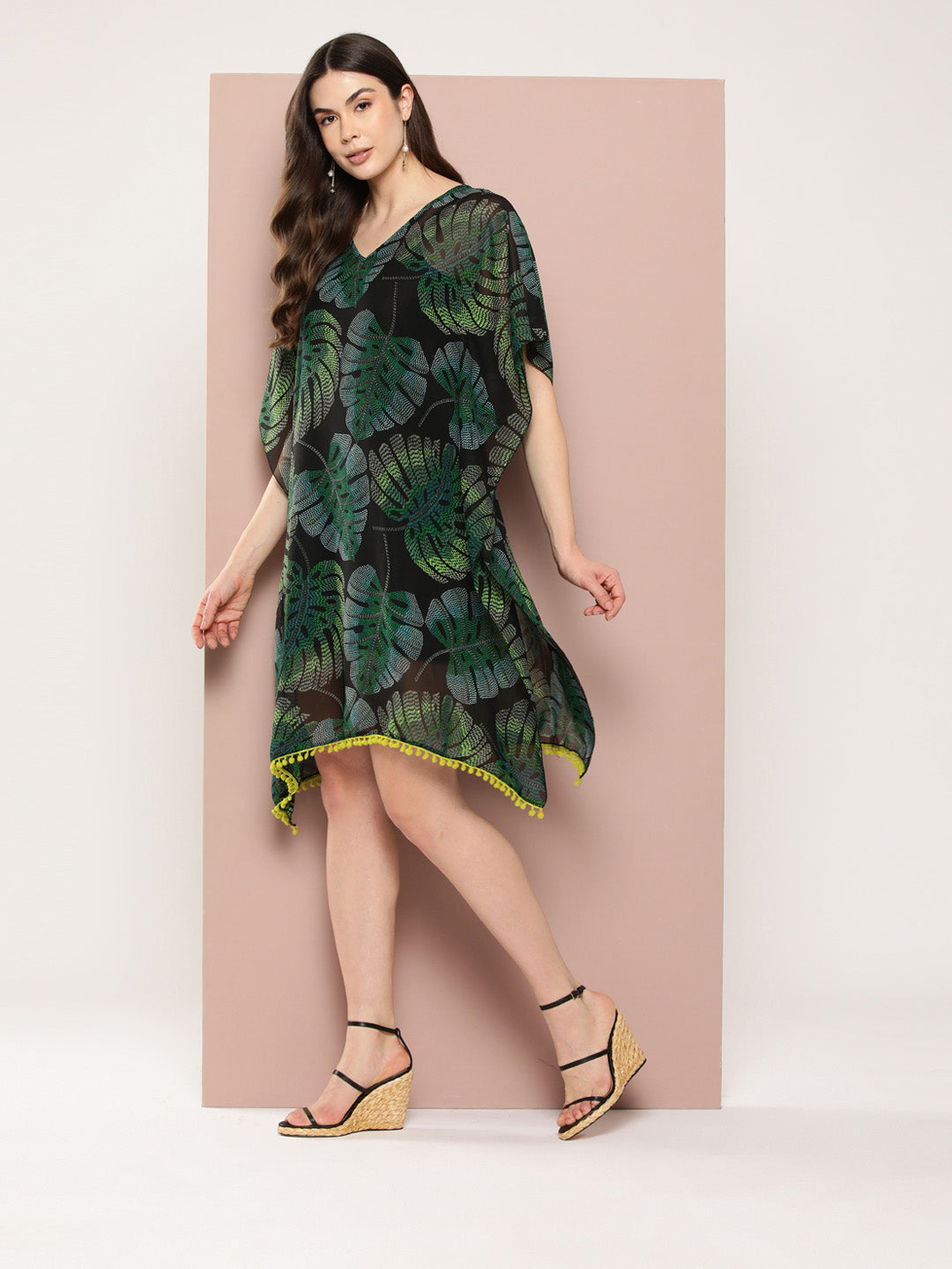 Green tropical print kaftan dress with tassels