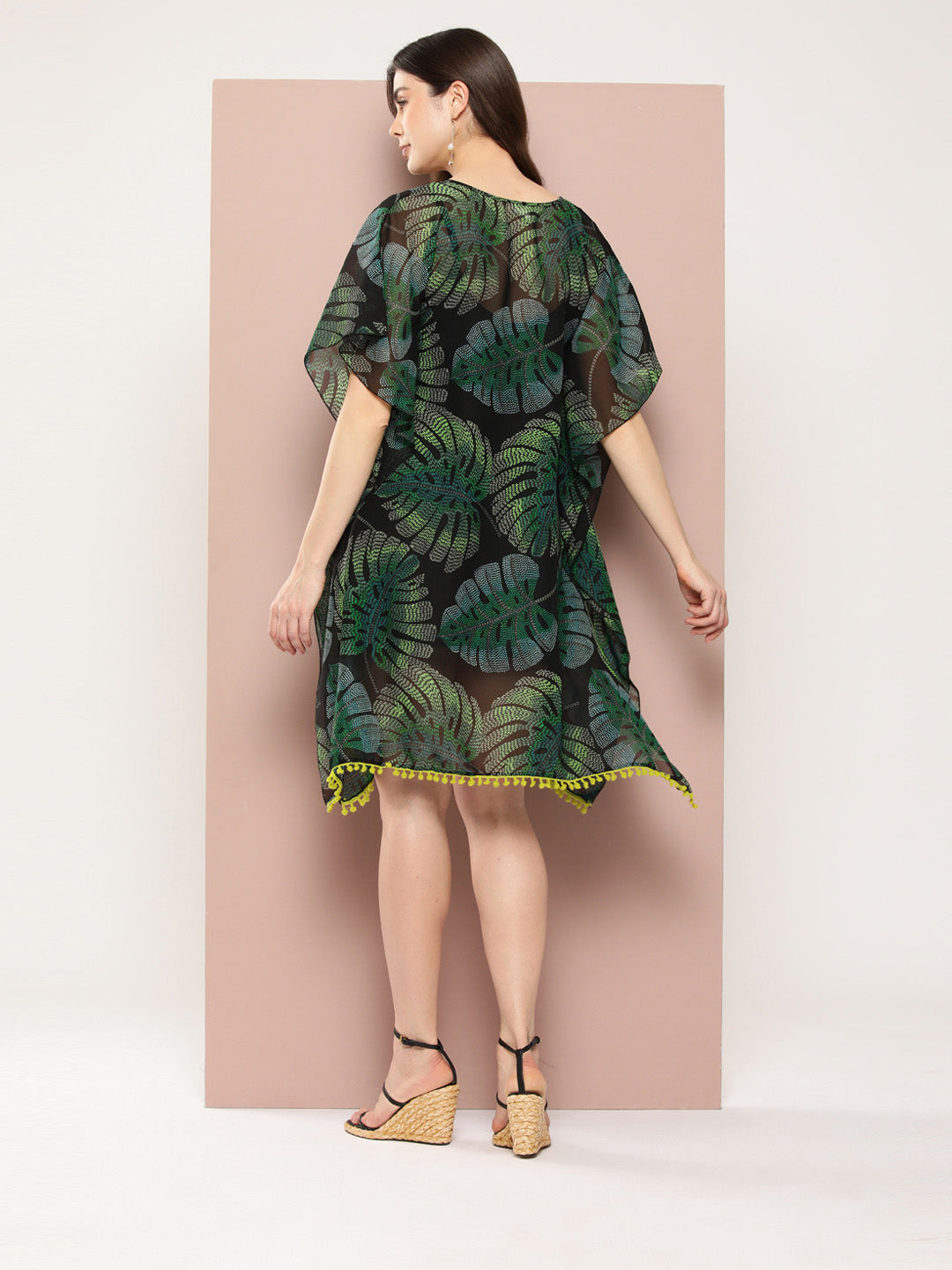 Green tropical print kaftan dress with tassels