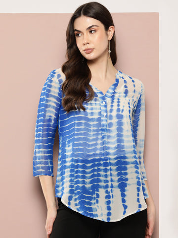 Blue and white tie-dye half-placket mandarin collar shirt