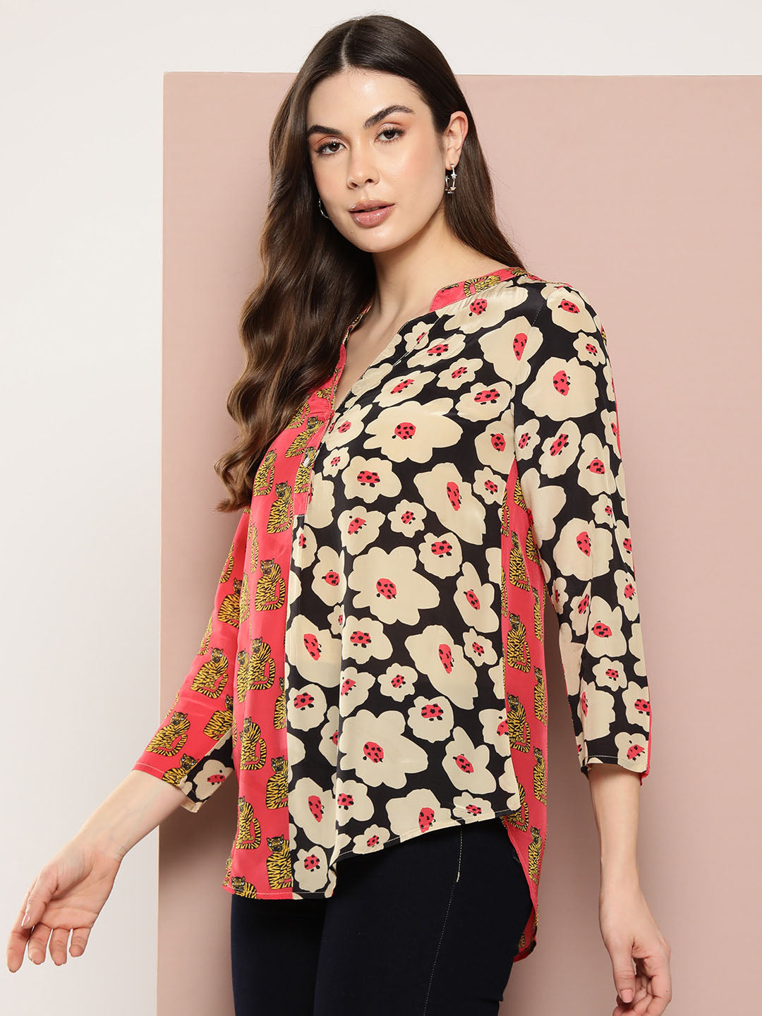 Beige and pink floral print half-placket mandarin collar shirt