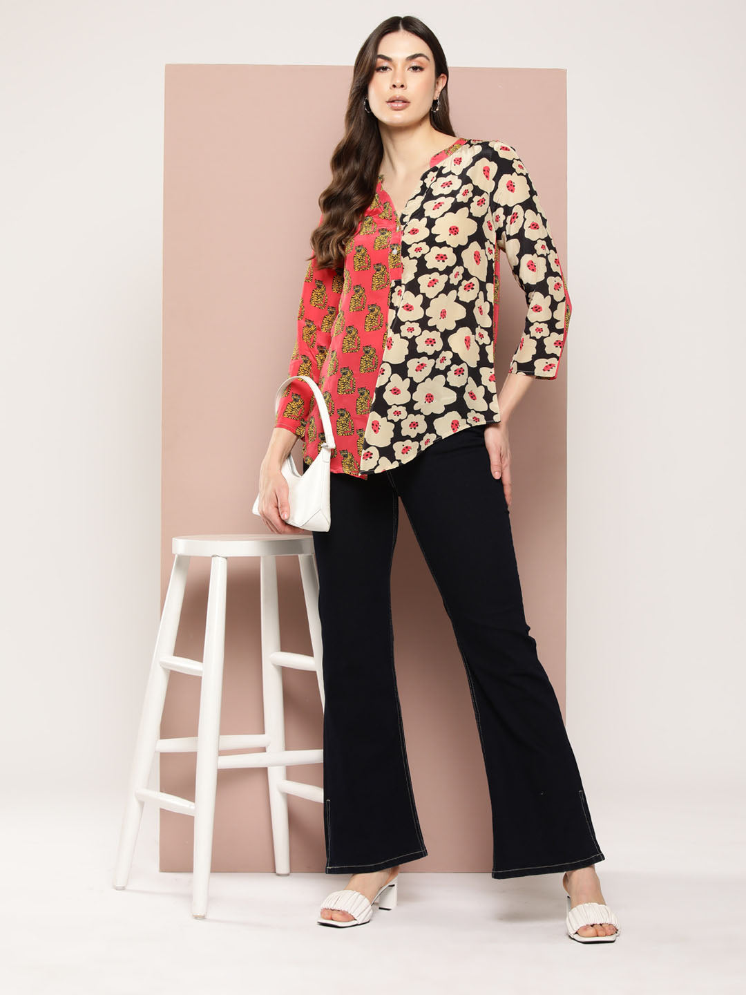Beige and pink floral print half-placket mandarin collar shirt