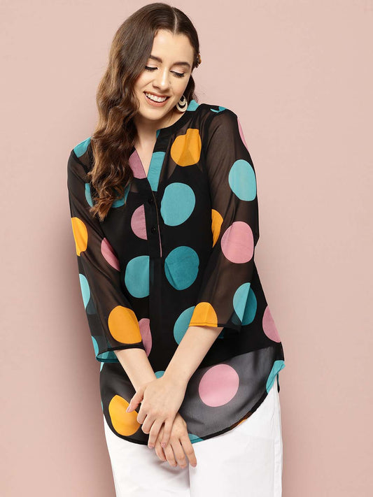 Multi big polka georgette half placket mandarin collar shirt